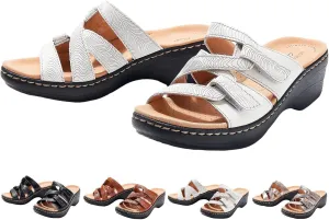 Orthopedic Sandals for Women Faux Leather Wedges Open Toe Wide Width Slippers Orthotic Slippers Non Slip Comfortable Walking Shoes Retro Slides for All Day Wear