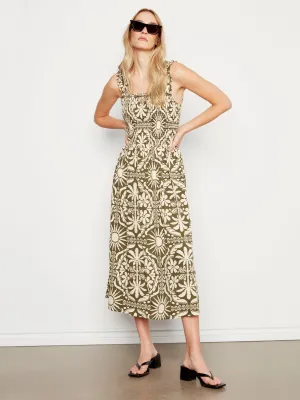 Printed Sleeveless Midi Dress with Shirring Detail - Celadon