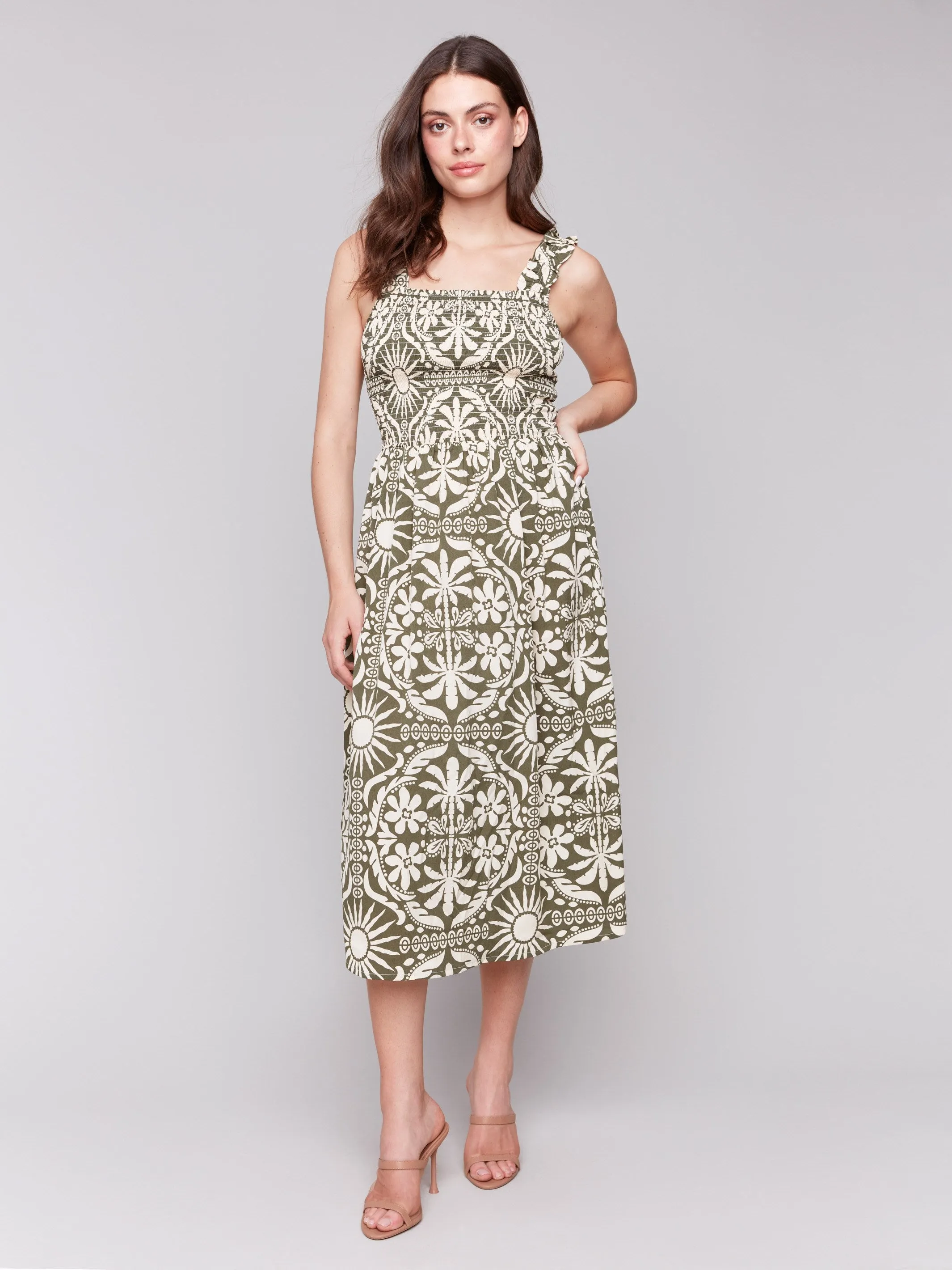 Printed Sleeveless Midi Dress with Shirring Detail - Celadon