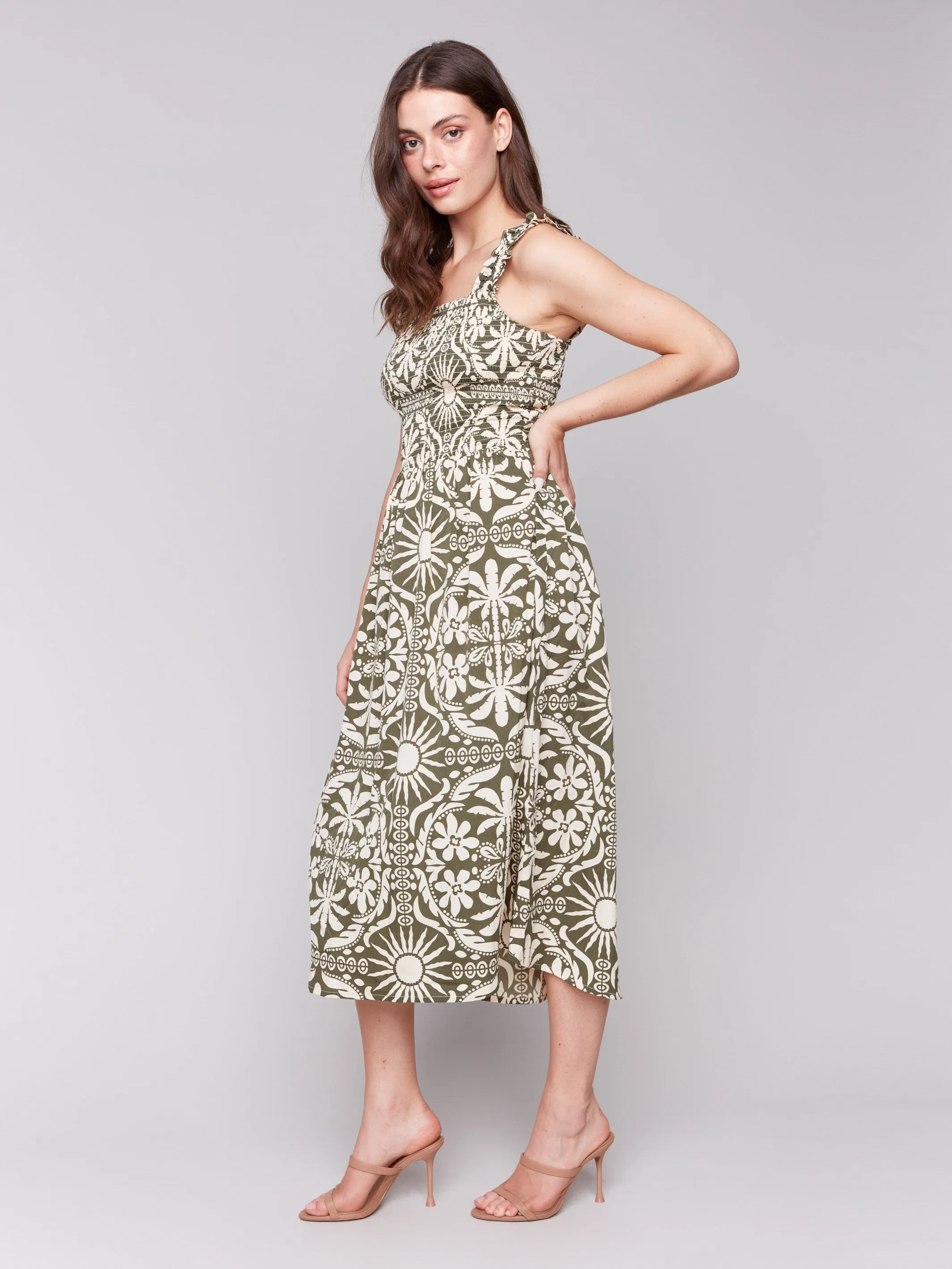 Printed Sleeveless Midi Dress with Shirring Detail - Celadon