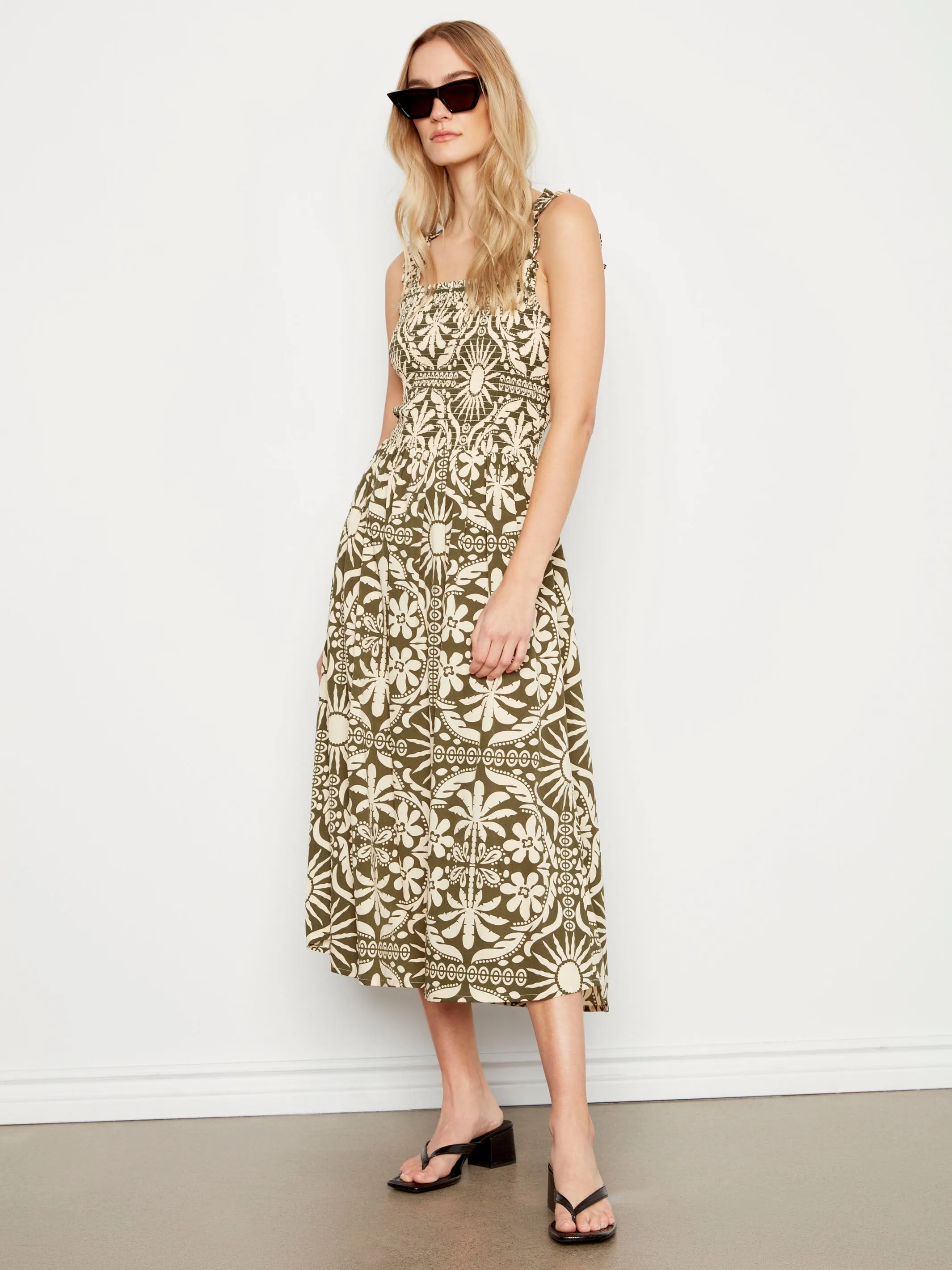 Printed Sleeveless Midi Dress with Shirring Detail - Celadon