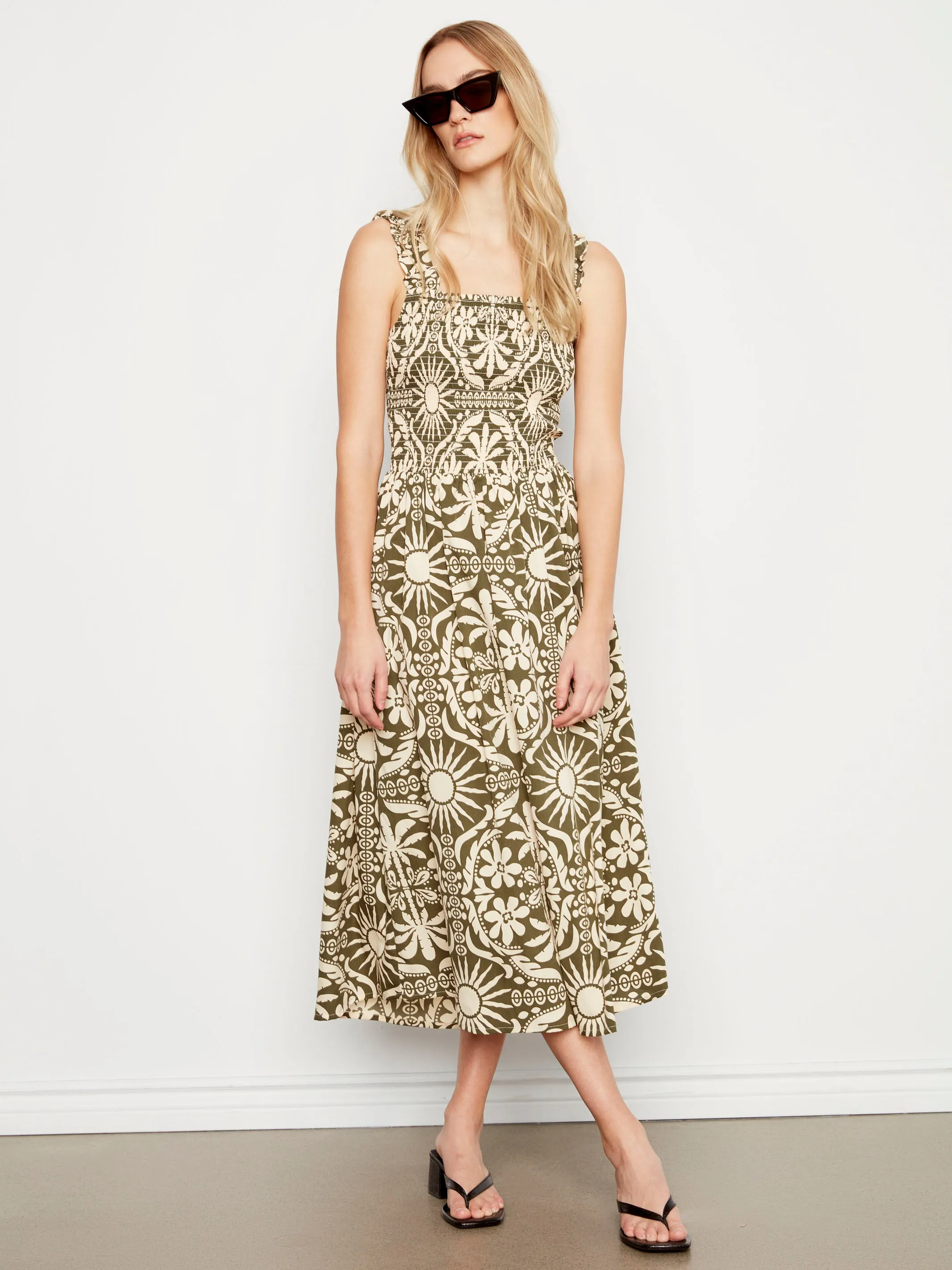 Printed Sleeveless Midi Dress with Shirring Detail - Celadon