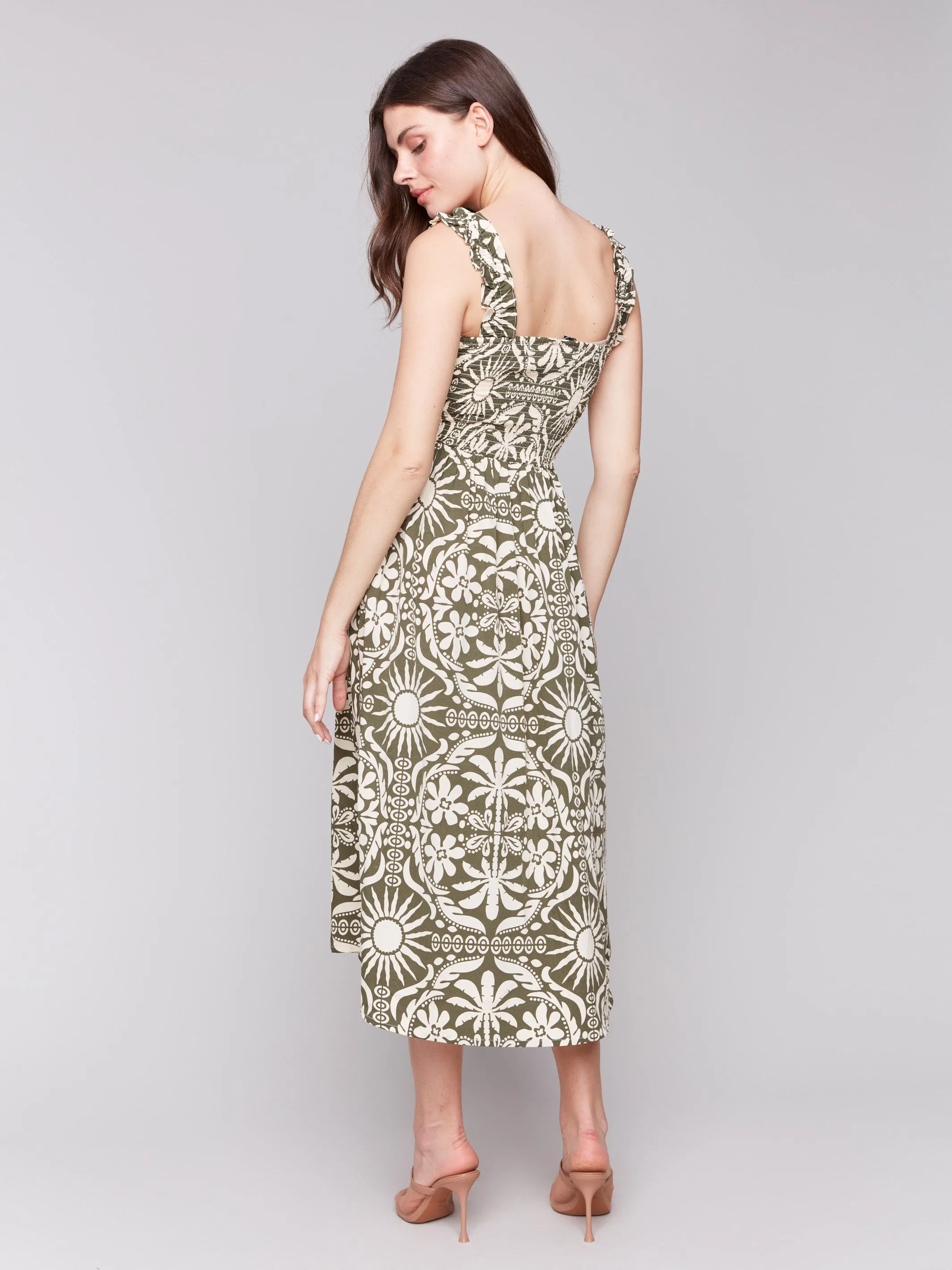 Printed Sleeveless Midi Dress with Shirring Detail - Celadon
