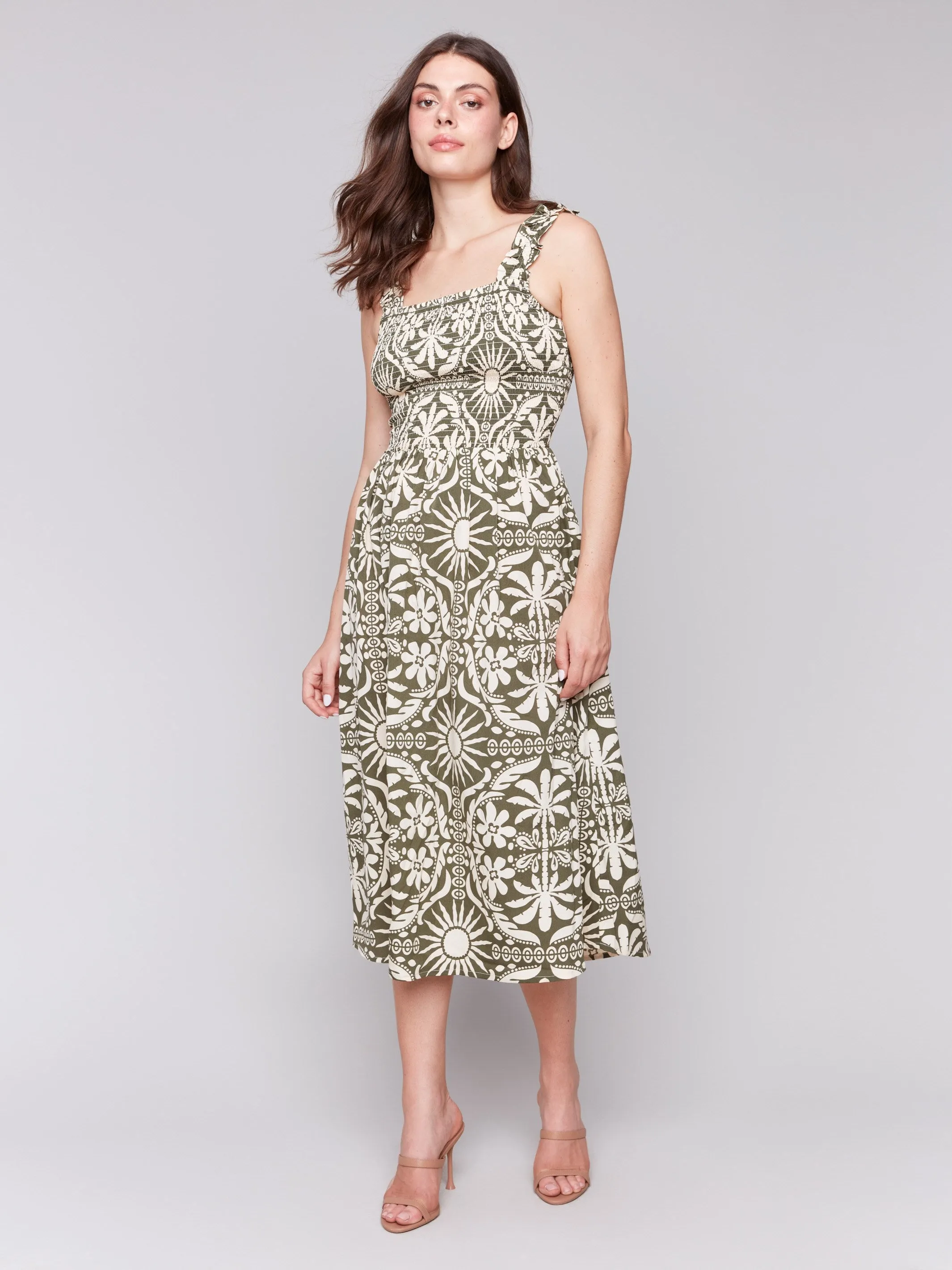 Printed Sleeveless Midi Dress with Shirring Detail - Celadon
