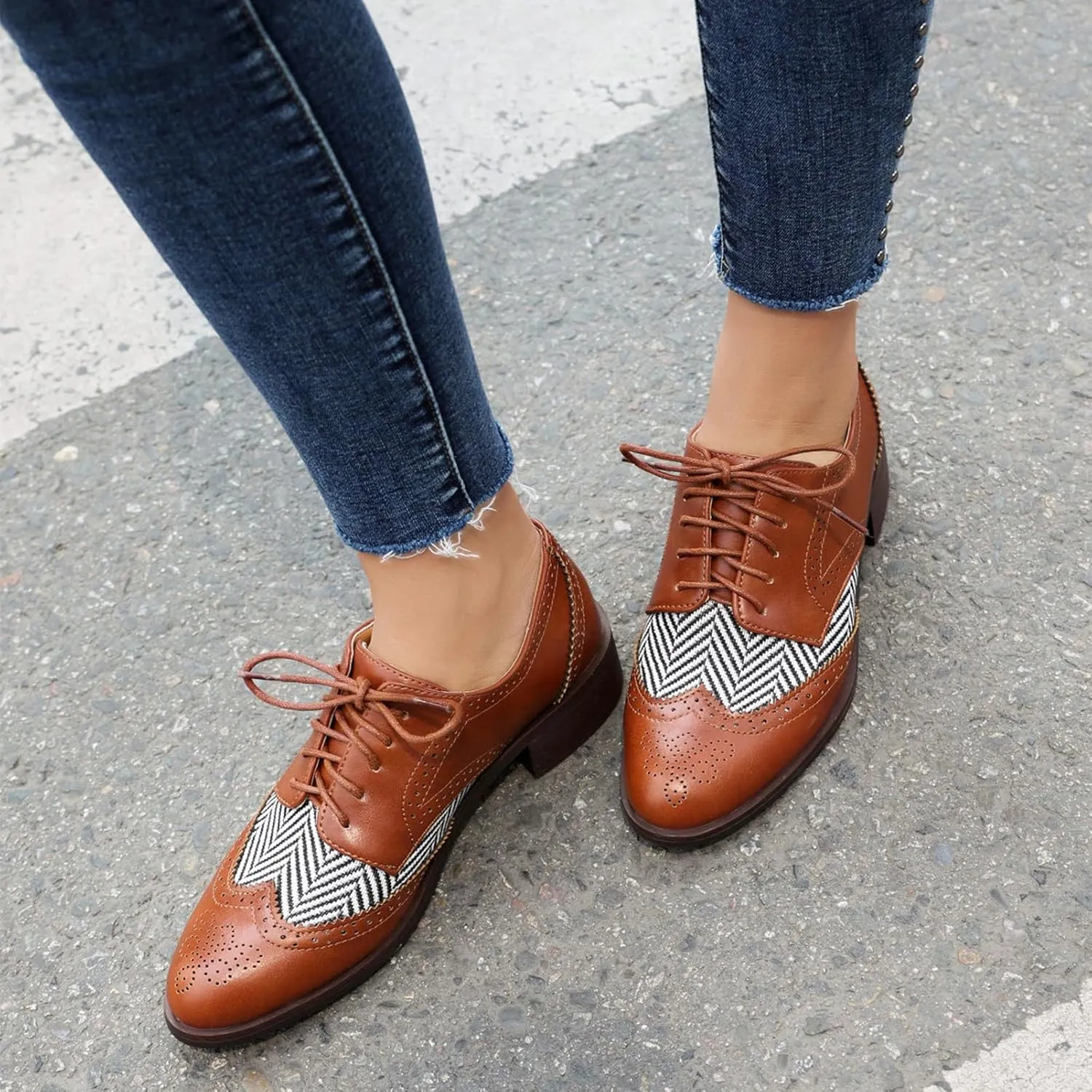 rismart Women's Lace-up Oxfords Wingtip Striped Color-Blocking Dress Shoes for Office Wedding Casual