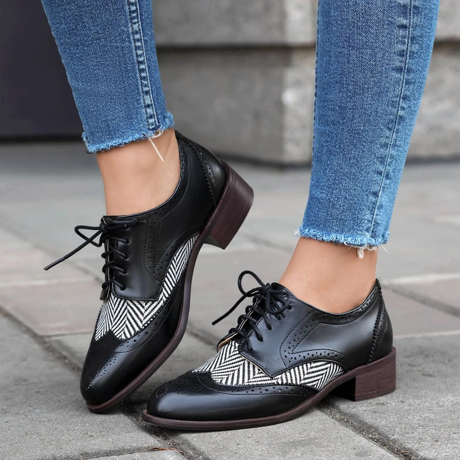 rismart Women's Lace-up Oxfords Wingtip Striped Color-Blocking Dress Shoes for Office Wedding Casual