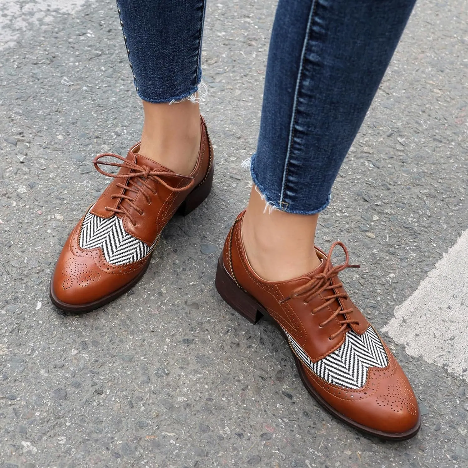 rismart Women's Lace-up Oxfords Wingtip Striped Color-Blocking Dress Shoes for Office Wedding Casual