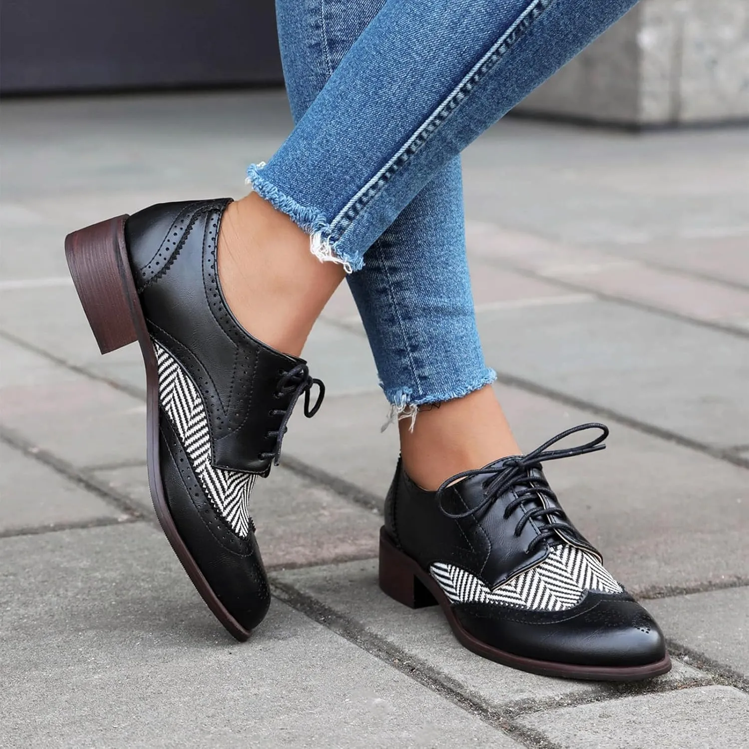 rismart Women's Lace-up Oxfords Wingtip Striped Color-Blocking Dress Shoes for Office Wedding Casual