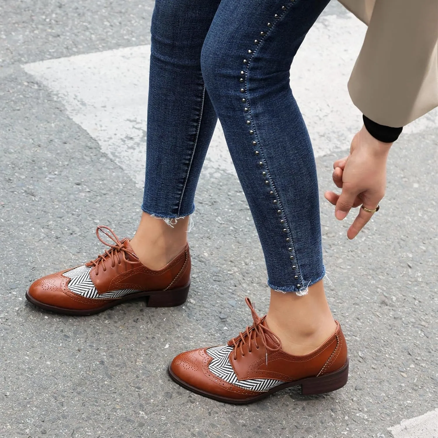 rismart Women's Lace-up Oxfords Wingtip Striped Color-Blocking Dress Shoes for Office Wedding Casual