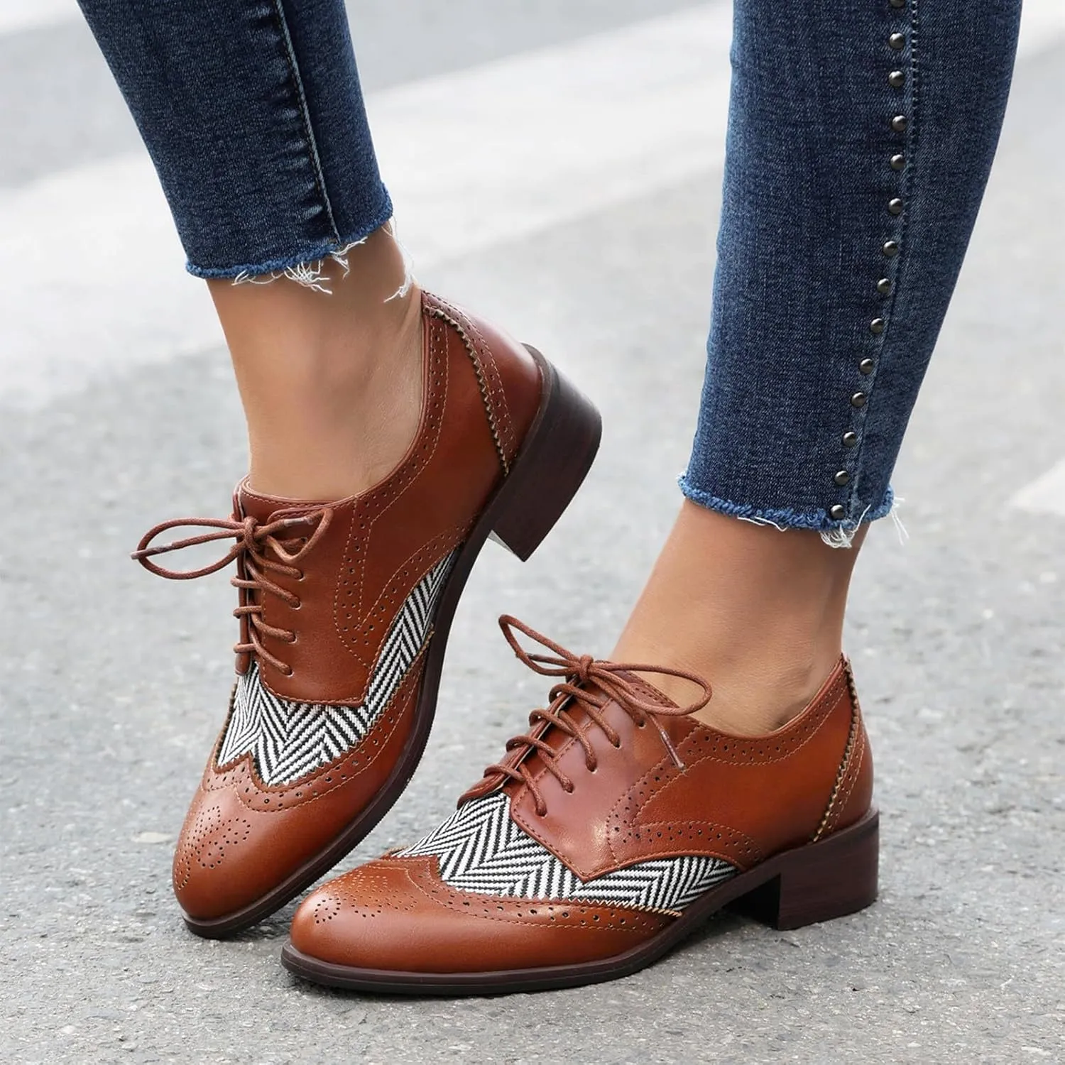 rismart Women's Lace-up Oxfords Wingtip Striped Color-Blocking Dress Shoes for Office Wedding Casual
