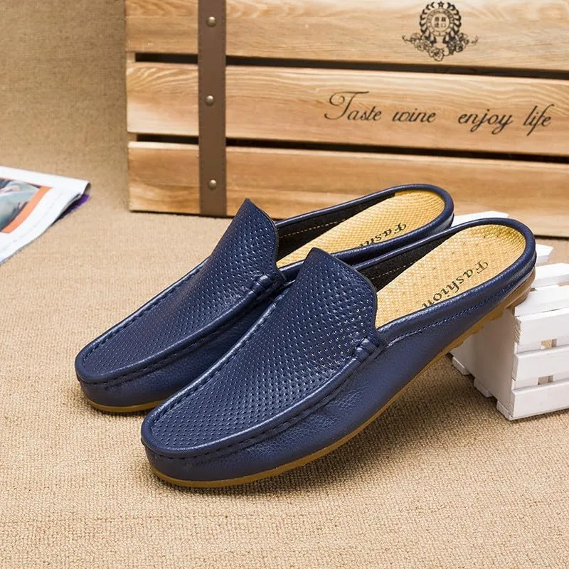 Santimon Men's Classic Leather Slippers Casual Office House Slip On Backless Loafers Breathable Perforated Mules for Men
