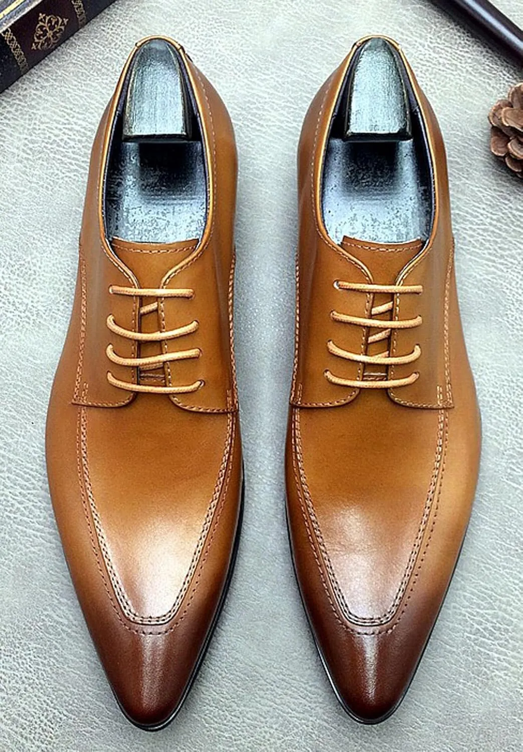 Santimon Men's Classic Oxfords Dress Shoes - Handmade Genuine Cowhide Leather, Non-Slip Rubber Sole, Pointed Toe Derby Shoes for Wedding, Business & Casual Wear
