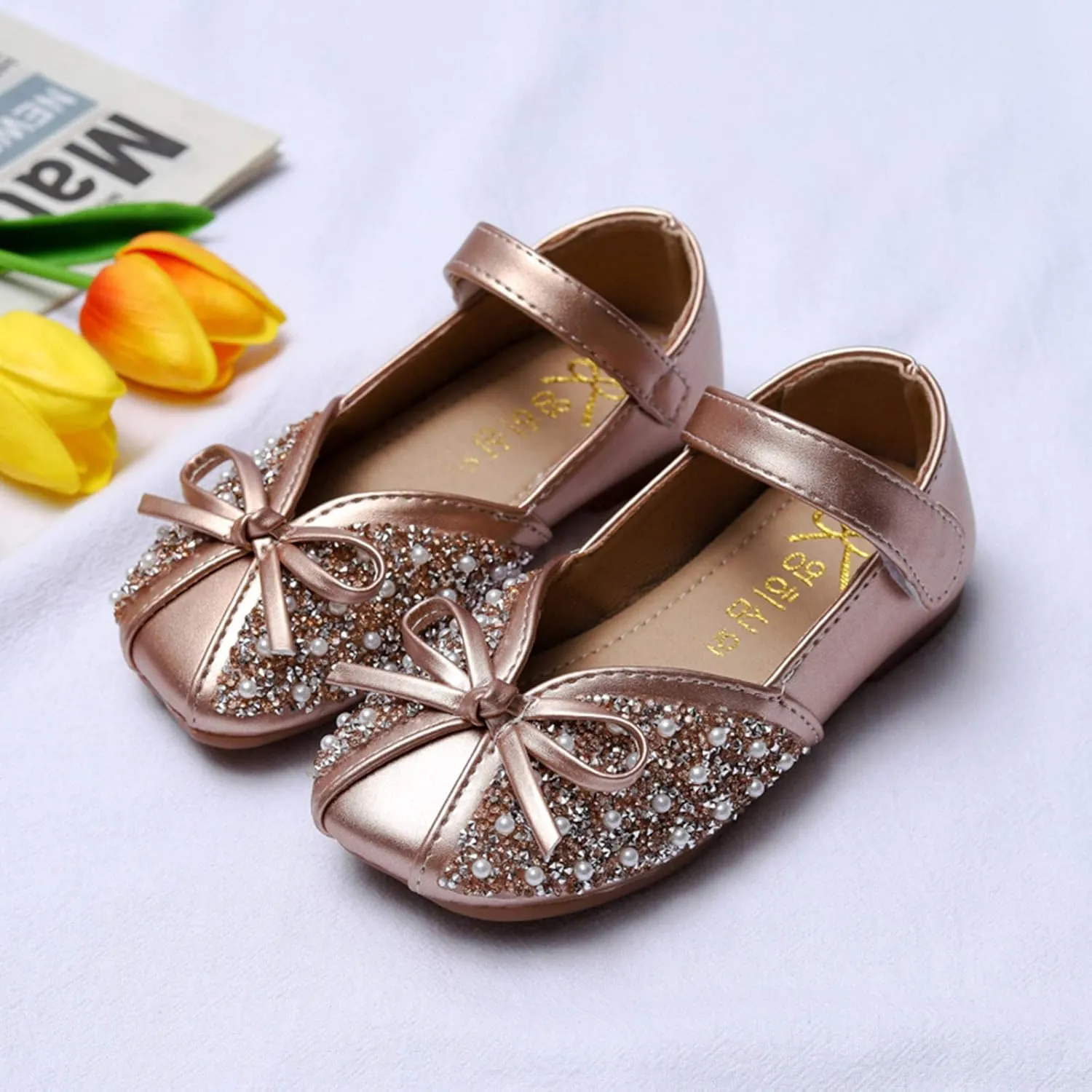 Single Infant Girls Kids Baby Crystal Shoes Sandals Bowknot Pearl Matching Boy Outfits Infants and (Gold, 3.5-4 Years)