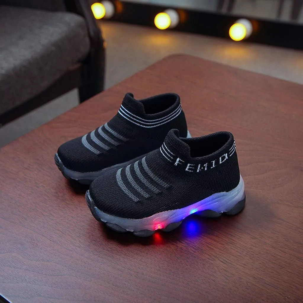 Sneakers Sport Boys Children Baby Casual Socks Luminous Shoes Girls Mesh Led Letter Run Infant (Black, 2-2.5 Years)