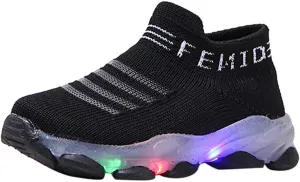 Sneakers Sport Boys Children Baby Casual Socks Luminous Shoes Girls Mesh Led Letter Run Infant (Black, 2-2.5 Years)