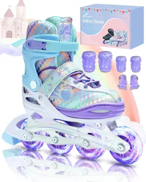 Sportneer 4 Size Adjustable Inline Skates for Girls, Kids Inline Skates Size 12C-9 with Light Up Wheels Roller Blade with Protective Gear Set for Kids Girls Women Beginners Indoor & Outdoor Use