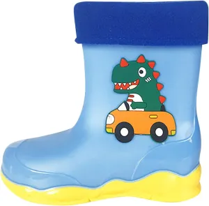 Toddler Boys Girls Dinosaur Rainboots with Fleece ??ining Kids Winter Lightweight Waterproof Rubber Fall Boots for Boys