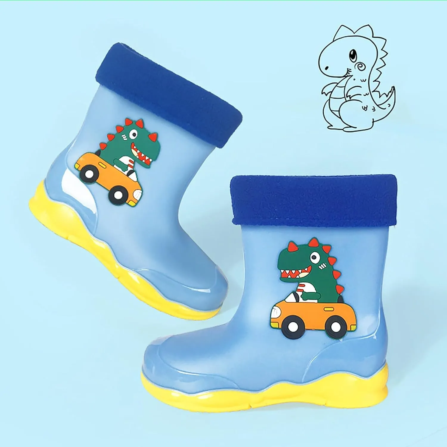 Toddler Boys Girls Dinosaur Rainboots with Fleece ??ining Kids Winter Lightweight Waterproof Rubber Fall Boots for Boys