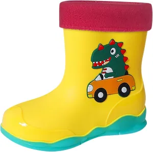 Toddler Boys Girls Dinosaur Rainboots with Fleece ??ining Kids Winter Lightweight Waterproof Rubber Fall Boots for Boys