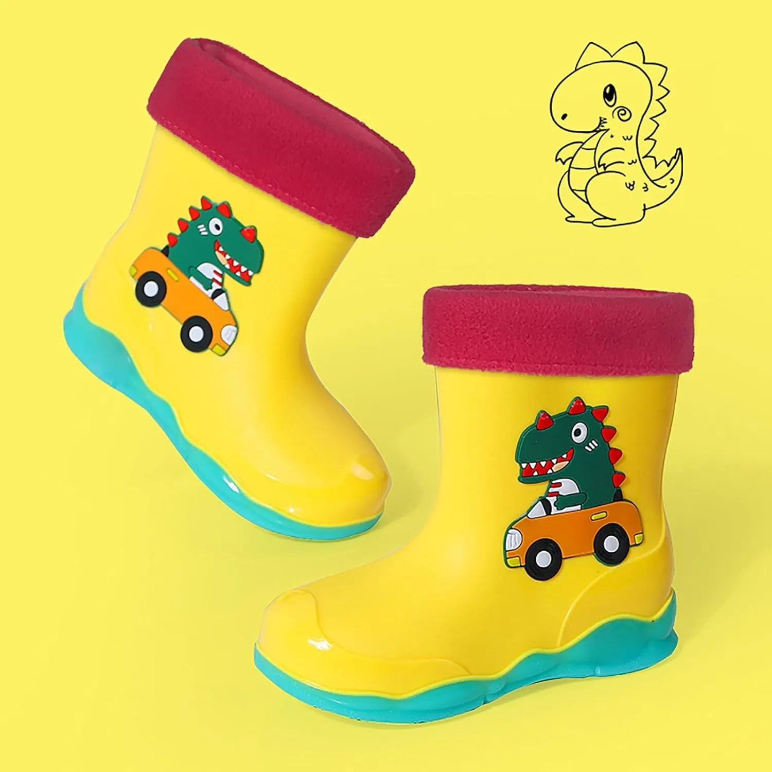 Toddler Boys Girls Dinosaur Rainboots with Fleece ??ining Kids Winter Lightweight Waterproof Rubber Fall Boots for Boys