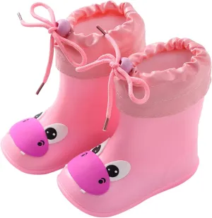 Toddler Kids Plush Rain Boots, Unisex-Child Waterproof Rubber Rain Boots with Cute Cartoon Toddler Boots for Girls