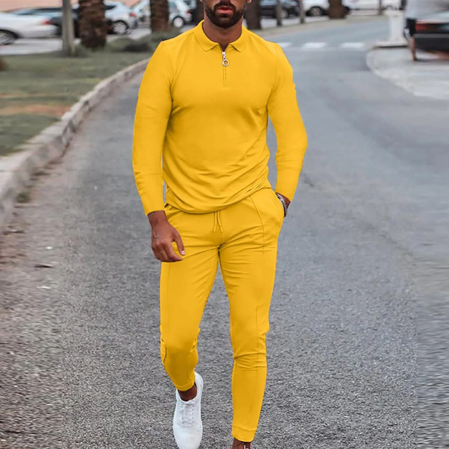 tuduoms Men's 2 Piece Tracksuits Gym Workout Outfits Casual Long Sleeve Zip Polo Sweatsuits Set Running Jogging Suit for Men