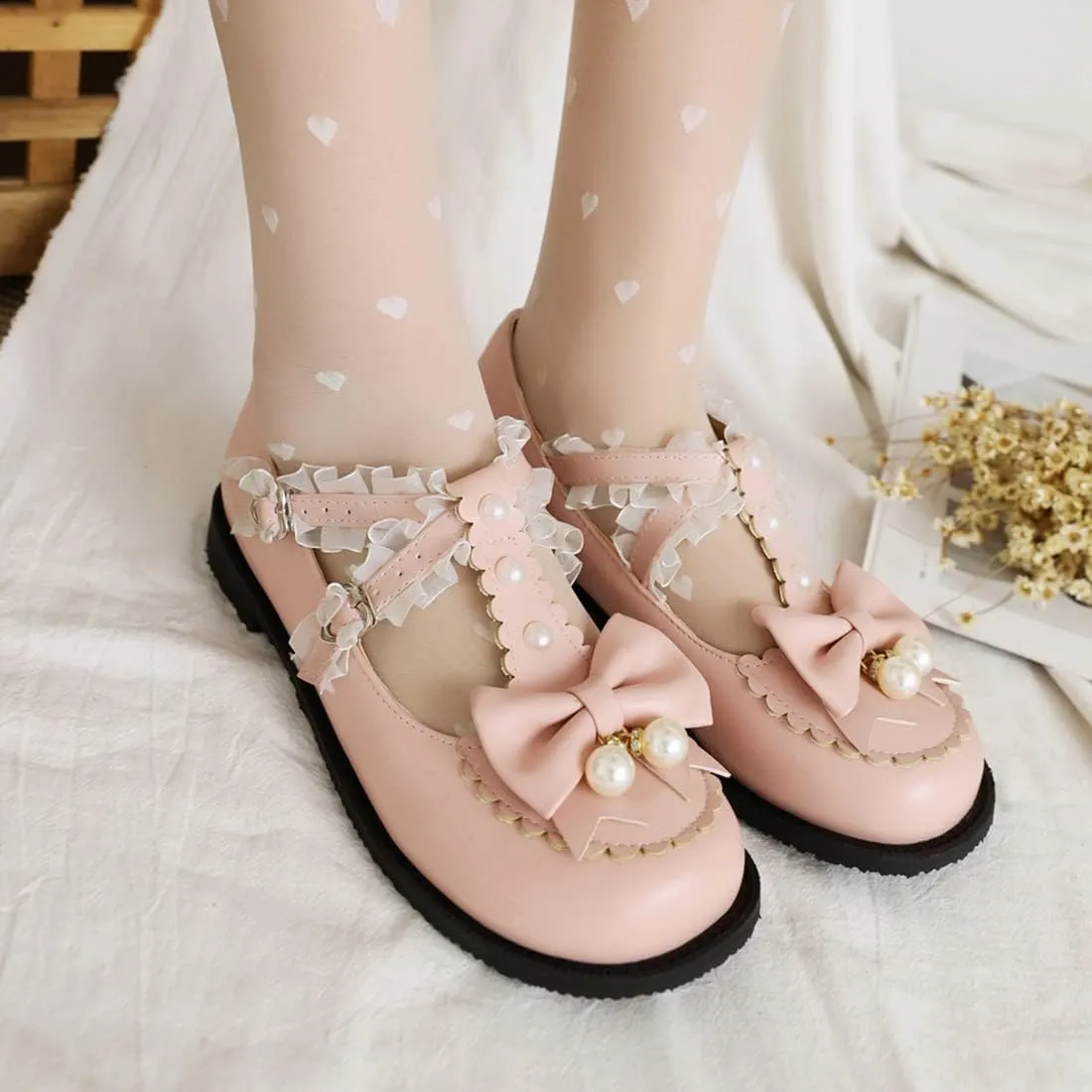 VOKLIN Women's Girls Mary Jane Ballet Flat Shoes Sweet Bow Slip On Party Dress Ballerina School Oxford Shoe