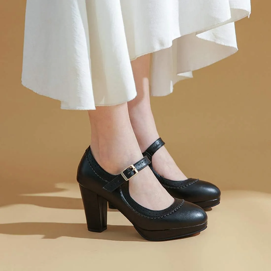 VOKLIN Women's Ladies Round Toe Mary Jane Oxford Pumps Ankle Strap Platform Chunky Block High Heel Dress Shoes