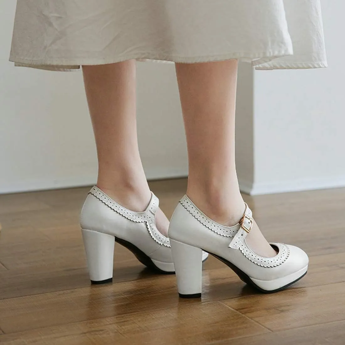 VOKLIN Women's Ladies Round Toe Mary Jane Oxford Pumps Ankle Strap Platform Chunky Block High Heel Dress Shoes