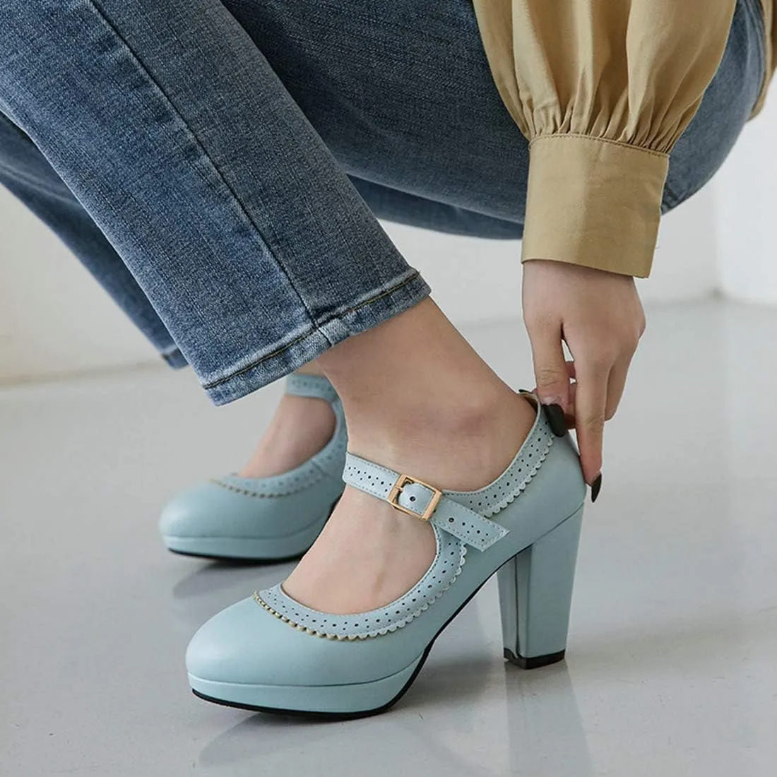 VOKLIN Women's Ladies Round Toe Mary Jane Oxford Pumps Ankle Strap Platform Chunky Block High Heel Dress Shoes