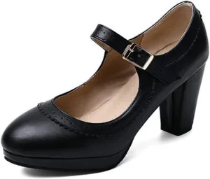 VOKLIN Women's Ladies Round Toe Mary Jane Oxford Pumps Ankle Strap Platform Chunky Block High Heel Dress Shoes