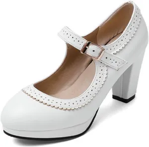 VOKLIN Women's Ladies Round Toe Mary Jane Oxford Pumps Ankle Strap Platform Chunky Block High Heel Dress Shoes