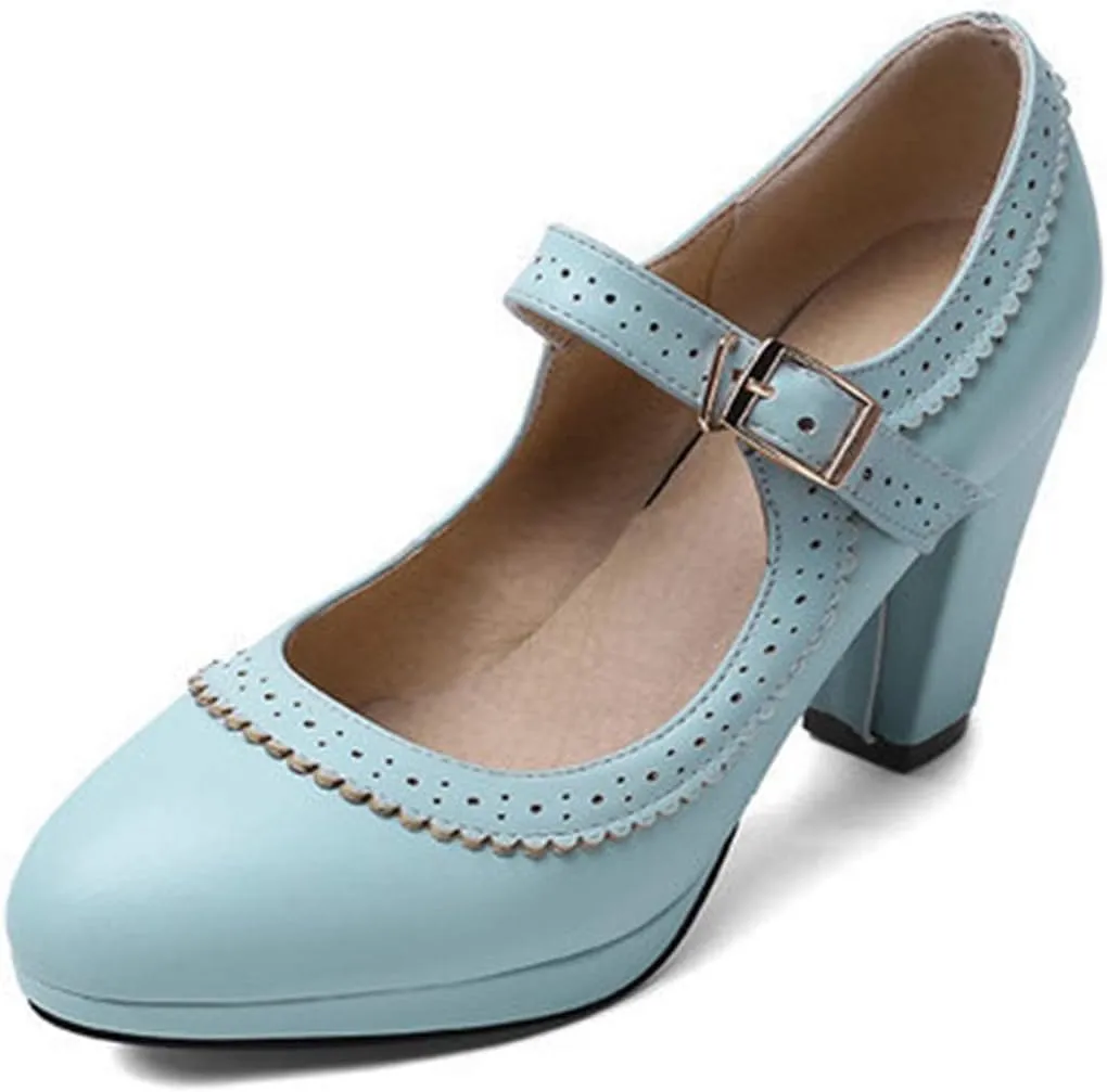 VOKLIN Women's Ladies Round Toe Mary Jane Oxford Pumps Ankle Strap Platform Chunky Block High Heel Dress Shoes