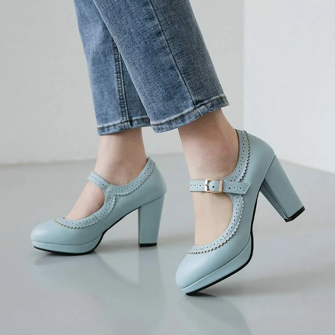 VOKLIN Women's Ladies Round Toe Mary Jane Oxford Pumps Ankle Strap Platform Chunky Block High Heel Dress Shoes