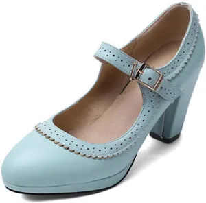 VOKLIN Women's Ladies Round Toe Mary Jane Oxford Pumps Ankle Strap Platform Chunky Block High Heel Dress Shoes