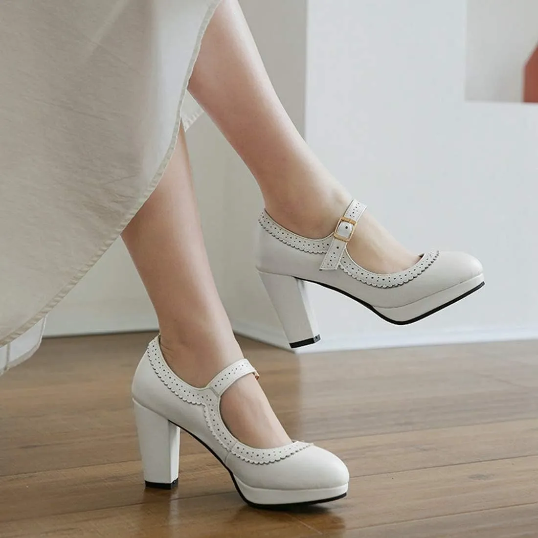 VOKLIN Women's Ladies Round Toe Mary Jane Oxford Pumps Ankle Strap Platform Chunky Block High Heel Dress Shoes