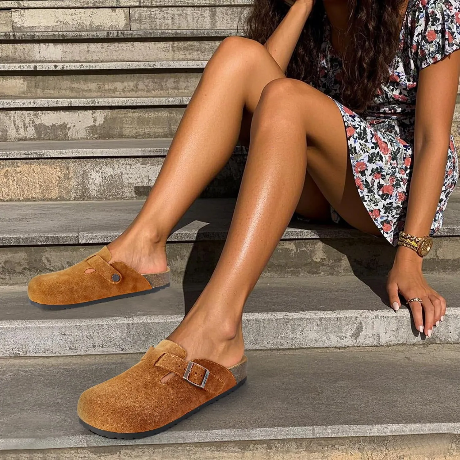 Women??s Genuine Suede Clogs for Women Slip-On Buckle Slides Women's Mules & Clogs Natural Rubber Cork Footbed Sandals Potato Shoes with Arch Support