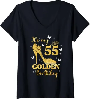 Womens Its My Golden Birthday Shirt Girl 55 Year Old High Heels V-Neck T-Shirt