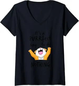 Womens Purrfect Day to do nothing Shirt Funny Cat Loafer Bum Girl V-Neck T-Shirt