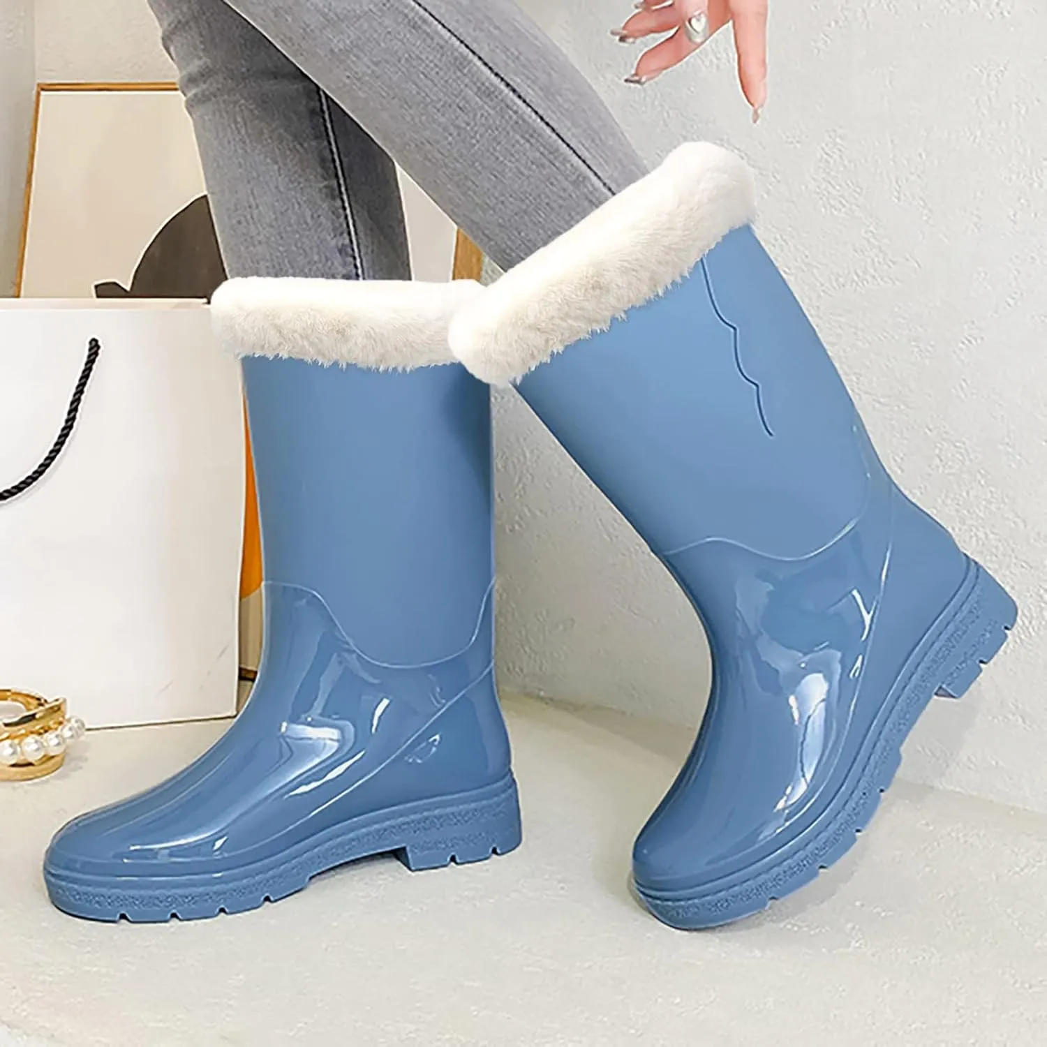 Womens Rain Boots Mens Snow Boots Waterproof Insulated Non-Slip Mid-Calf Boots Slip On Fishing Boots For Men
