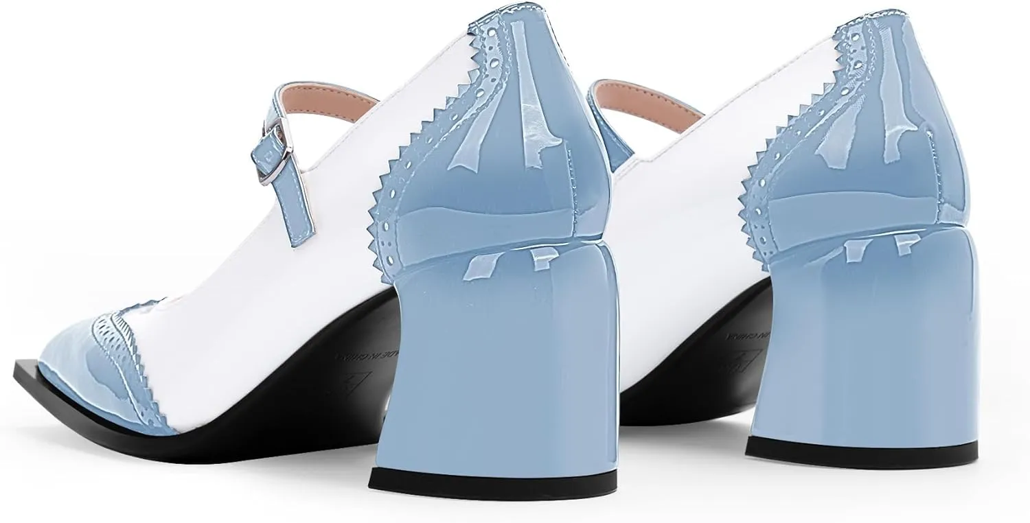 Women's Square Toe Chunky Heel Mary Janes Buckle Strap Wingtip Oxford Pumps Dress Shoes