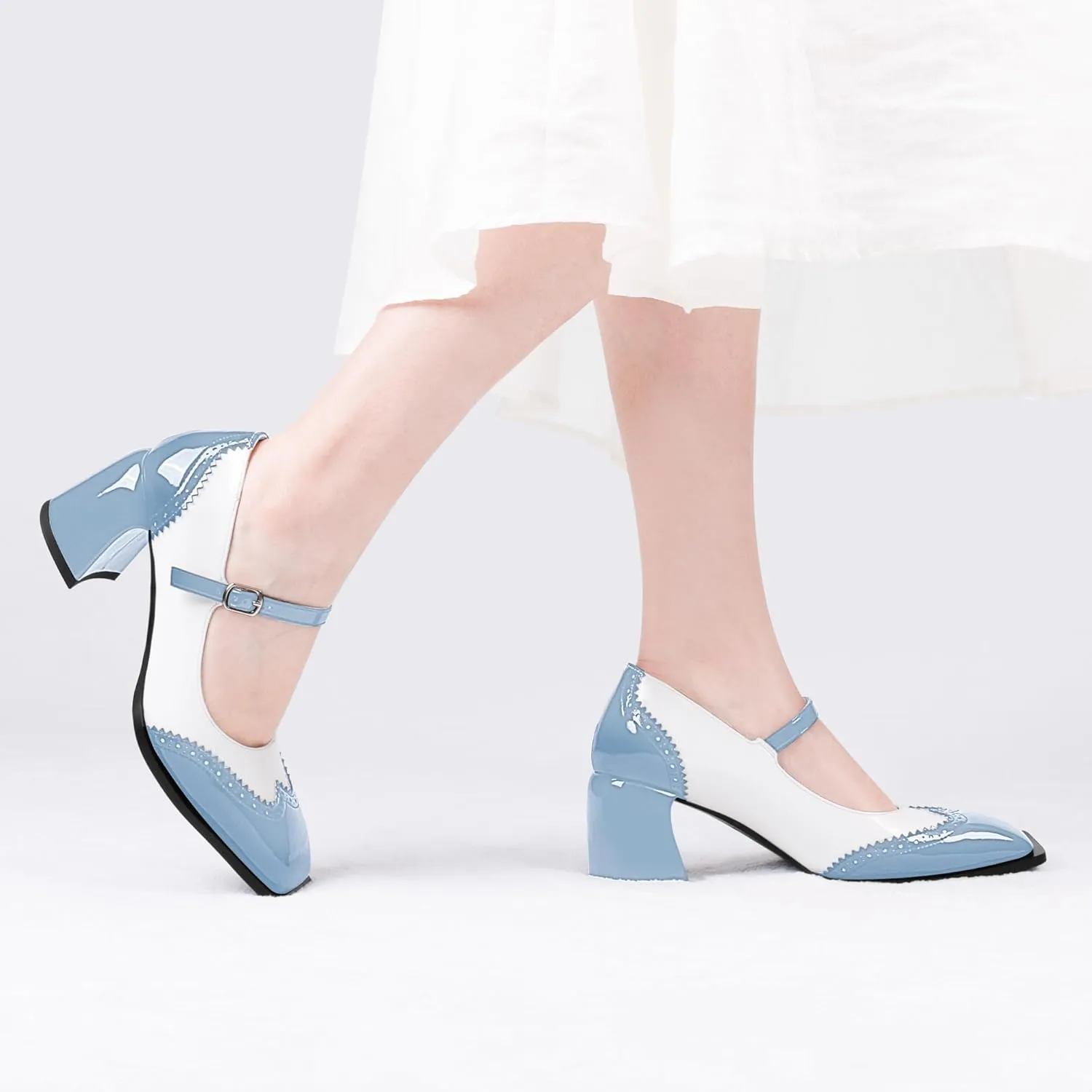 Women's Square Toe Chunky Heel Mary Janes Buckle Strap Wingtip Oxford Pumps Dress Shoes