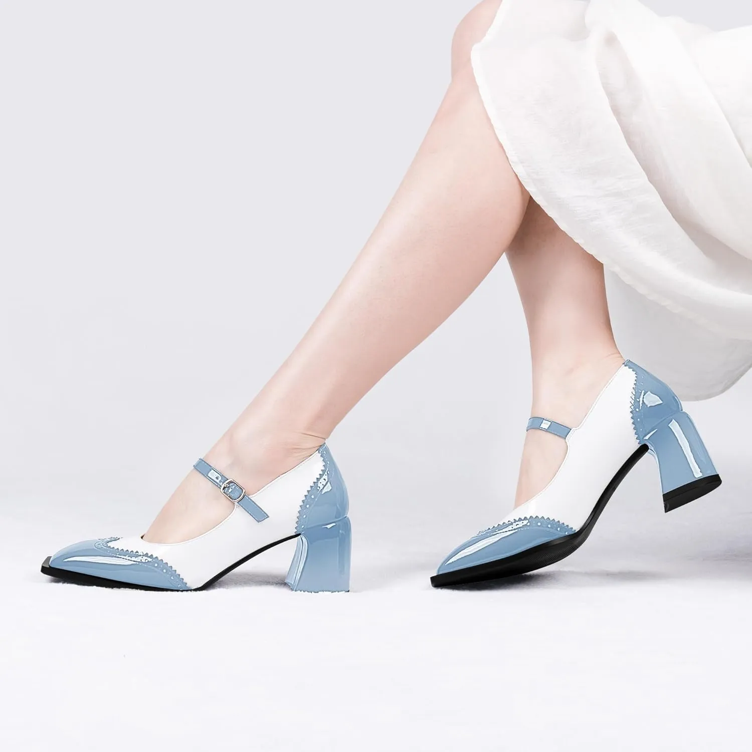 Women's Square Toe Chunky Heel Mary Janes Buckle Strap Wingtip Oxford Pumps Dress Shoes