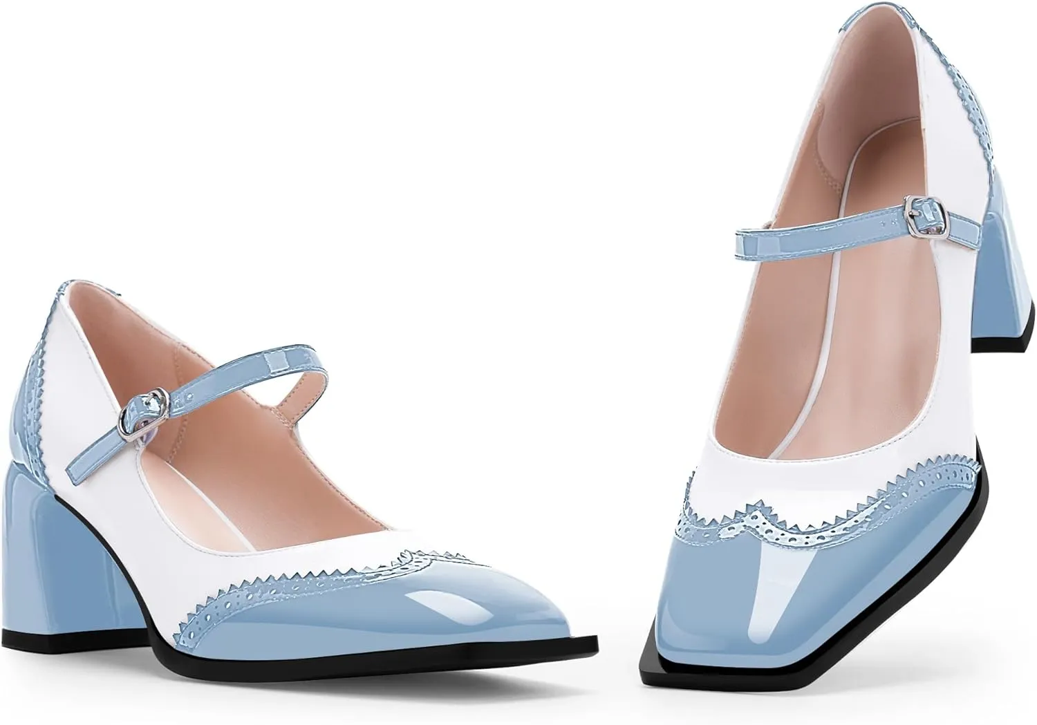 Women's Square Toe Chunky Heel Mary Janes Buckle Strap Wingtip Oxford Pumps Dress Shoes