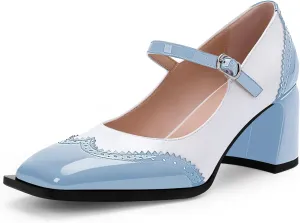Women's Square Toe Chunky Heel Mary Janes Buckle Strap Wingtip Oxford Pumps Dress Shoes