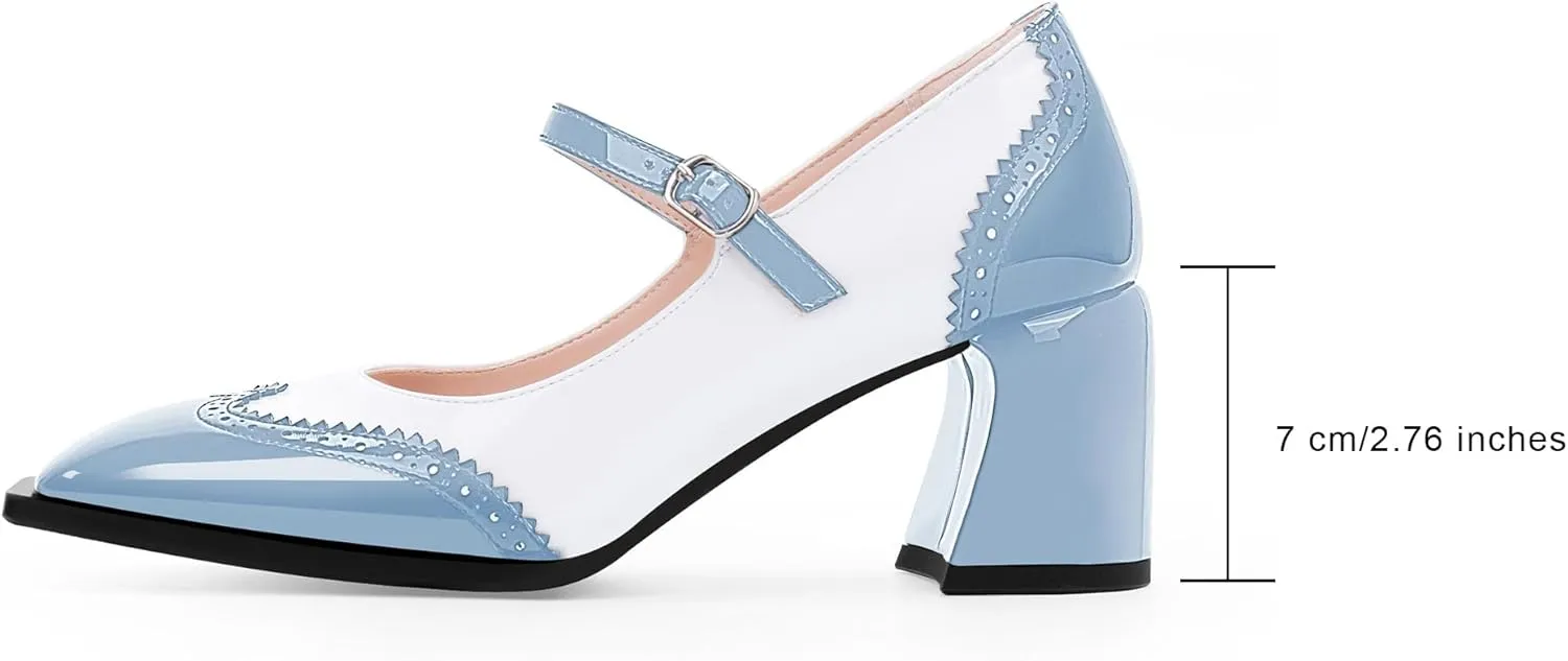 Women's Square Toe Chunky Heel Mary Janes Buckle Strap Wingtip Oxford Pumps Dress Shoes