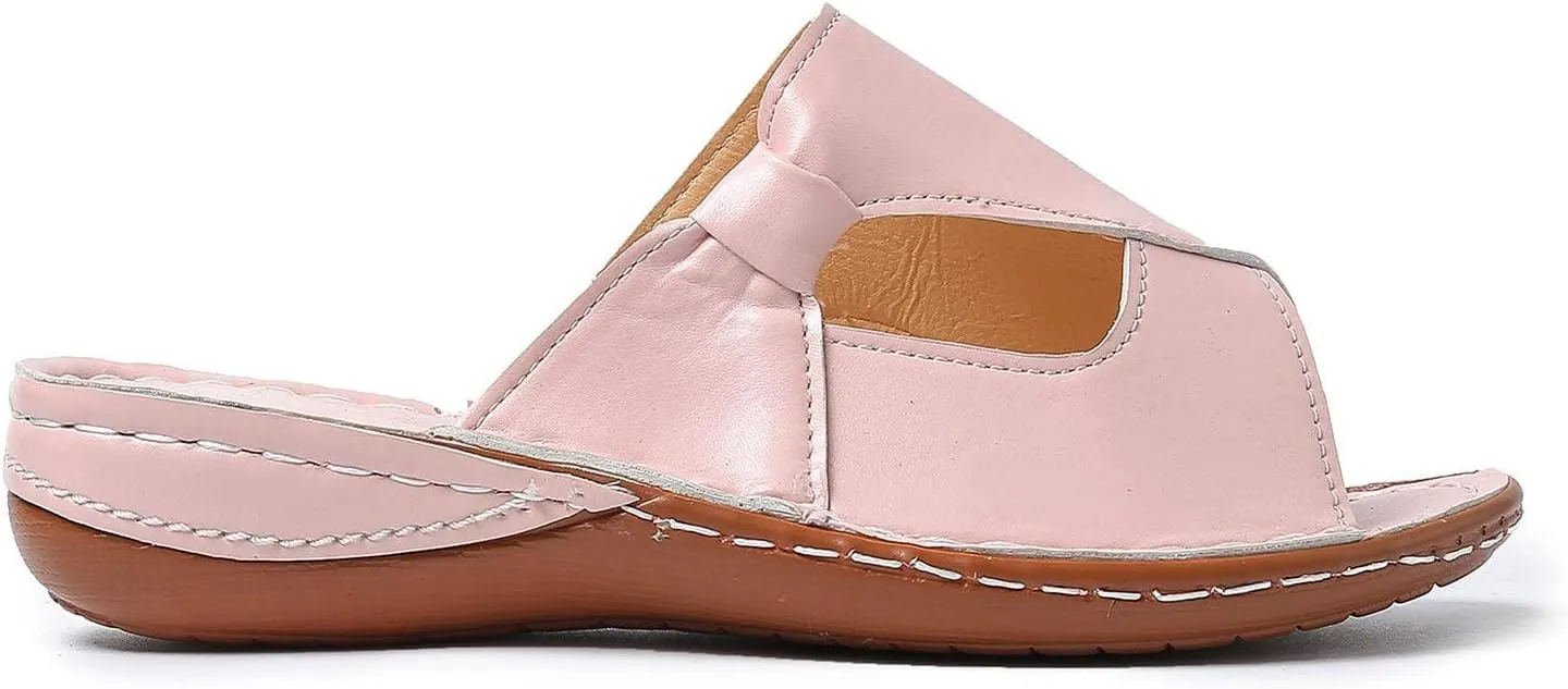 Womens Summer Slippers Faux Leather Open Toe Flats Casual Non Slip Shoes Beach Walking Slides Comfortable Wide Width Flats Outdoor Slippers Retro Style