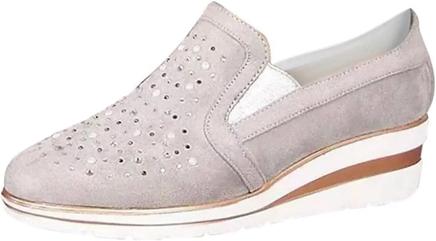 Women's Wedges Canvas Suede Shoes Rhinestones Platforms Round Toe Slip On Loafers Casual Low-top Lightweight Breathable Orthotic Loafers Running Walking Sneakers