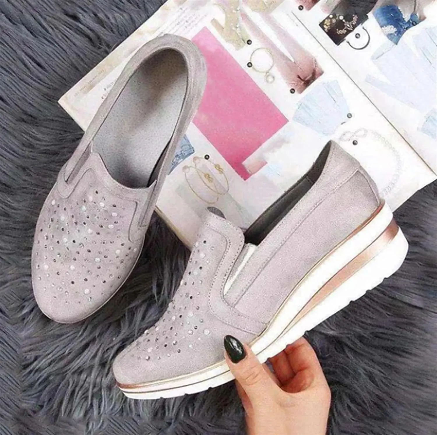 Women's Wedges Canvas Suede Shoes Rhinestones Platforms Round Toe Slip On Loafers Casual Low-top Lightweight Breathable Orthotic Loafers Running Walking Sneakers